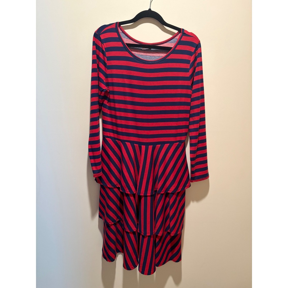 LuLaRoe Red Navy Blue Striped Tiered Ruffle Long Sleeve Dress XL